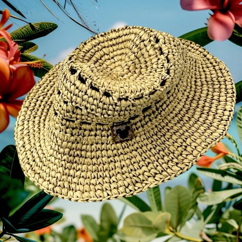 Disney Parks Mickey Mouse Woven Straw Floppy Hat Carved Wood Mickey Mouse summer